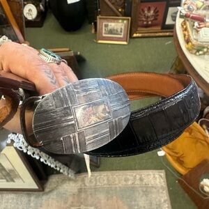 Polo by Ralph Lauren Black Croc-Embossed Belt with Silver Buckle made in Italy